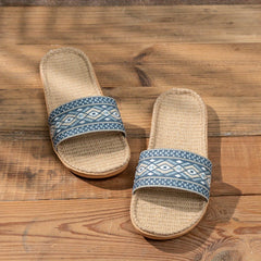 Women's Geometric Pattern Linen Slides Open Toe Flat Shoes