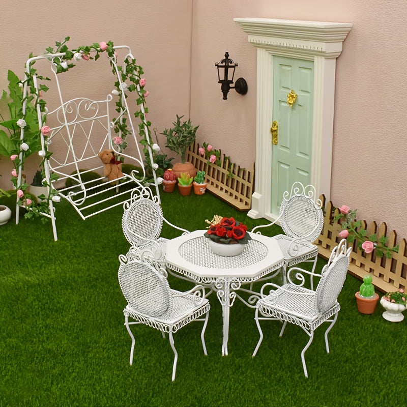Dollhouse 1:12 Outdoor Garden Furniture Octagonal Iron Table and Chair Set