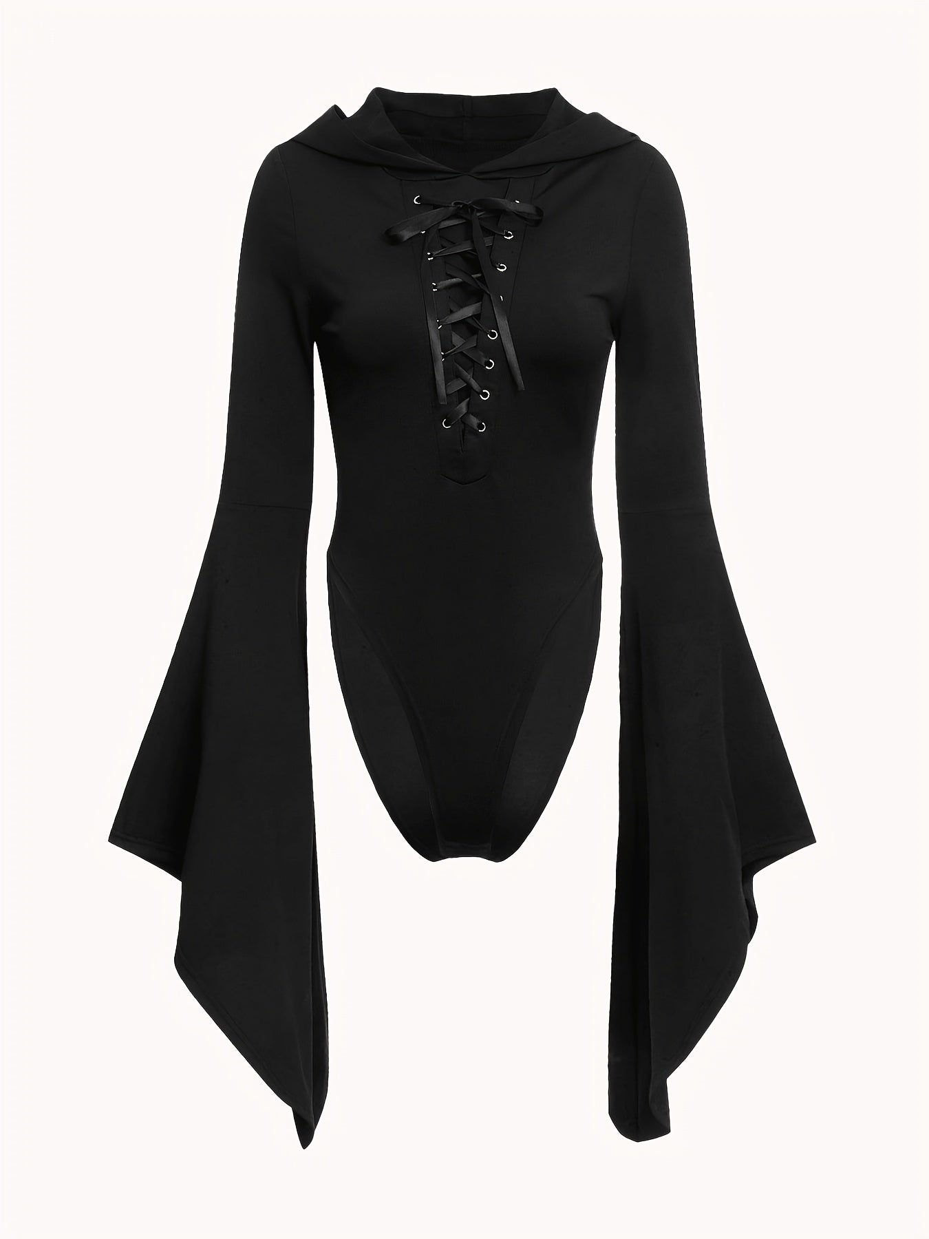 Gothic Drawstring Hooded Slim Bodysuit