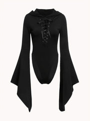 Gothic Drawstring Hooded Slim Bodysuit