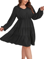 Casual Dress Women's Solid Long Sleeve Round Neck Smock Tie Dress