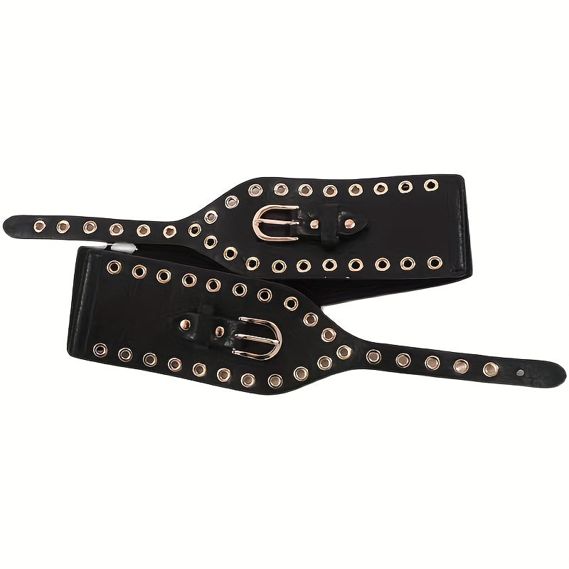 Stylish Eyelet Hollow Out Belt Double Pin Buckle Elastic PU Leather Wide Belt