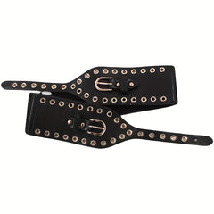 Stylish Eyelet Hollow Out Belt Double Pin Buckle Elastic PU Leather Wide Belt