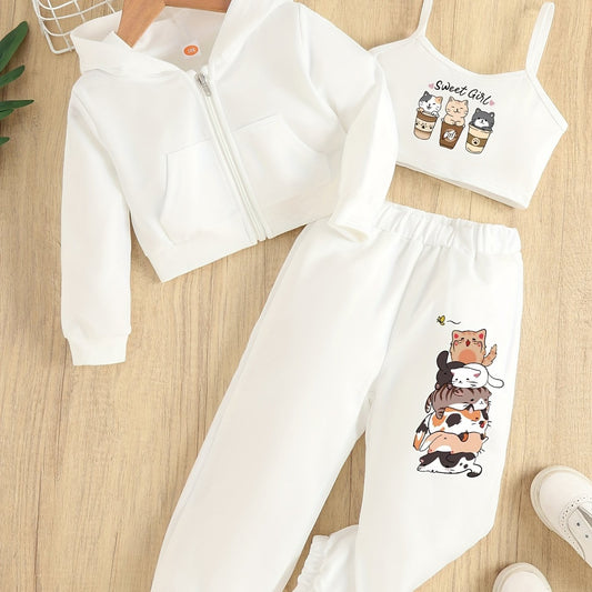 Girl's 3pcs Cat Print Hooded Set for Summer
