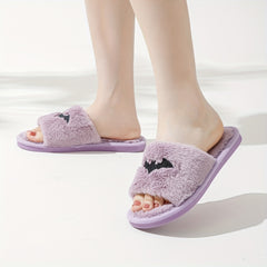 Purple Halloween Bat Embroidery Slippers Plush Lined Shoes