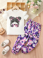 Girl's Sunglasses Print T-shirt & Pants Set for Summer