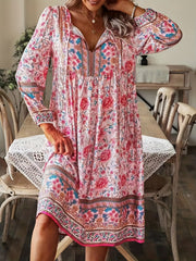 Floral Print Tie Neck Dress Boho Long Sleeve Dress For Spring
