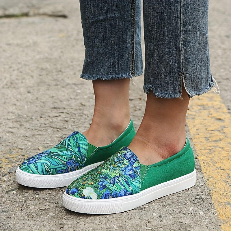 Women's Green Landscape Print Loafers Casual Slip On Canvas Shoes