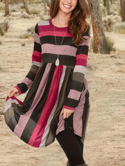 Colorblock Stripe Print Long Sleeve Round Neck Dress