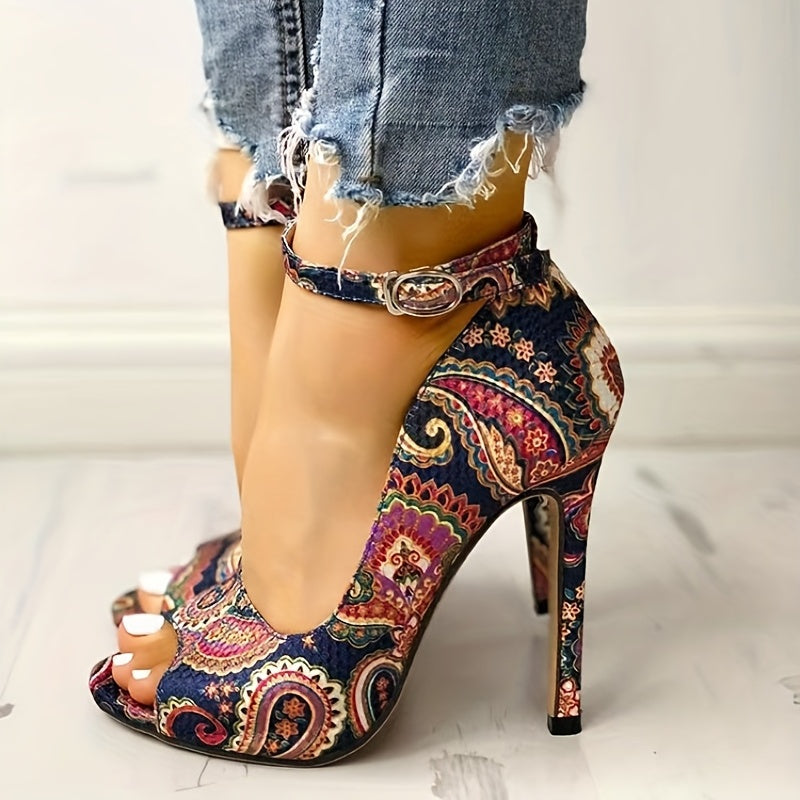 Retro Flower Stiletto Heels Peep Toe Buckle Pumps Summer