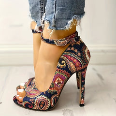 Retro Flower Stiletto Heels Peep Toe Buckle Pumps Summer