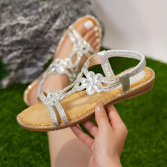 Boho Floral Rhinestone Sandals Elastic Strap Casual Beach Sandals