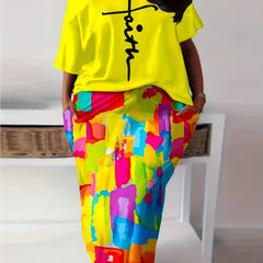 Women's Plus Size Letter Print One Shoulder Top & Midi Skirt Two Piece Set