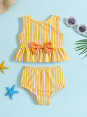 Girls Striped Sleeveless Bikini Tankini Swimsuit Set with Bowtie