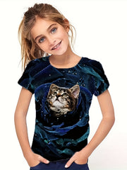 Girls Kitty Graphic Crew Neck T-shirt for Sports Summer