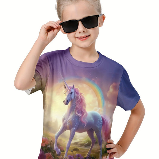3D Forest Unicorn Graphic Short Sleeve T-shirt for Girls