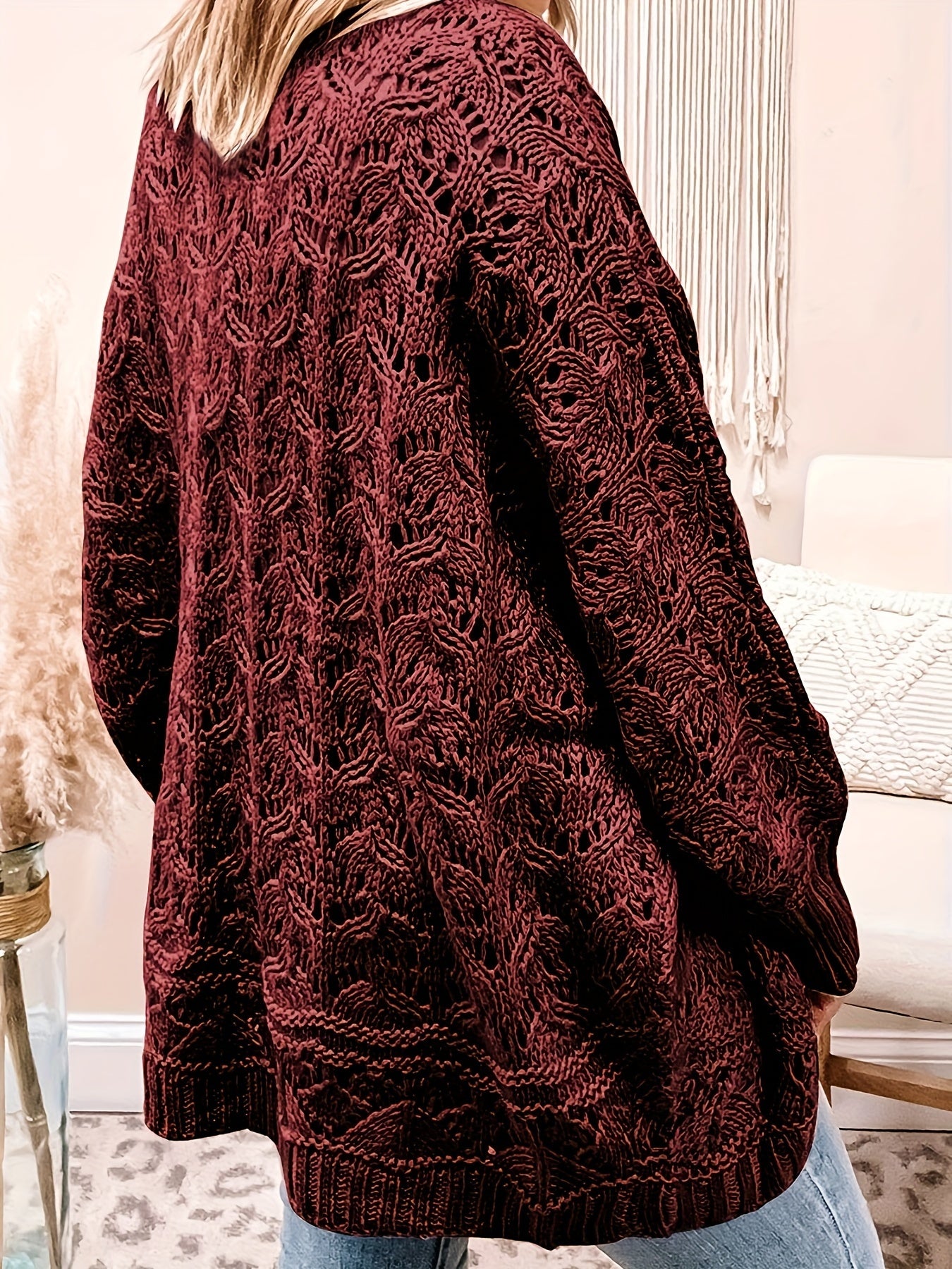 Casual Sweater Women's Plus Solid Jacquard Pointelle Long Sleeve