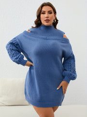 Ribbed Lantern Sleeve Mock Neck Sweater Dress
