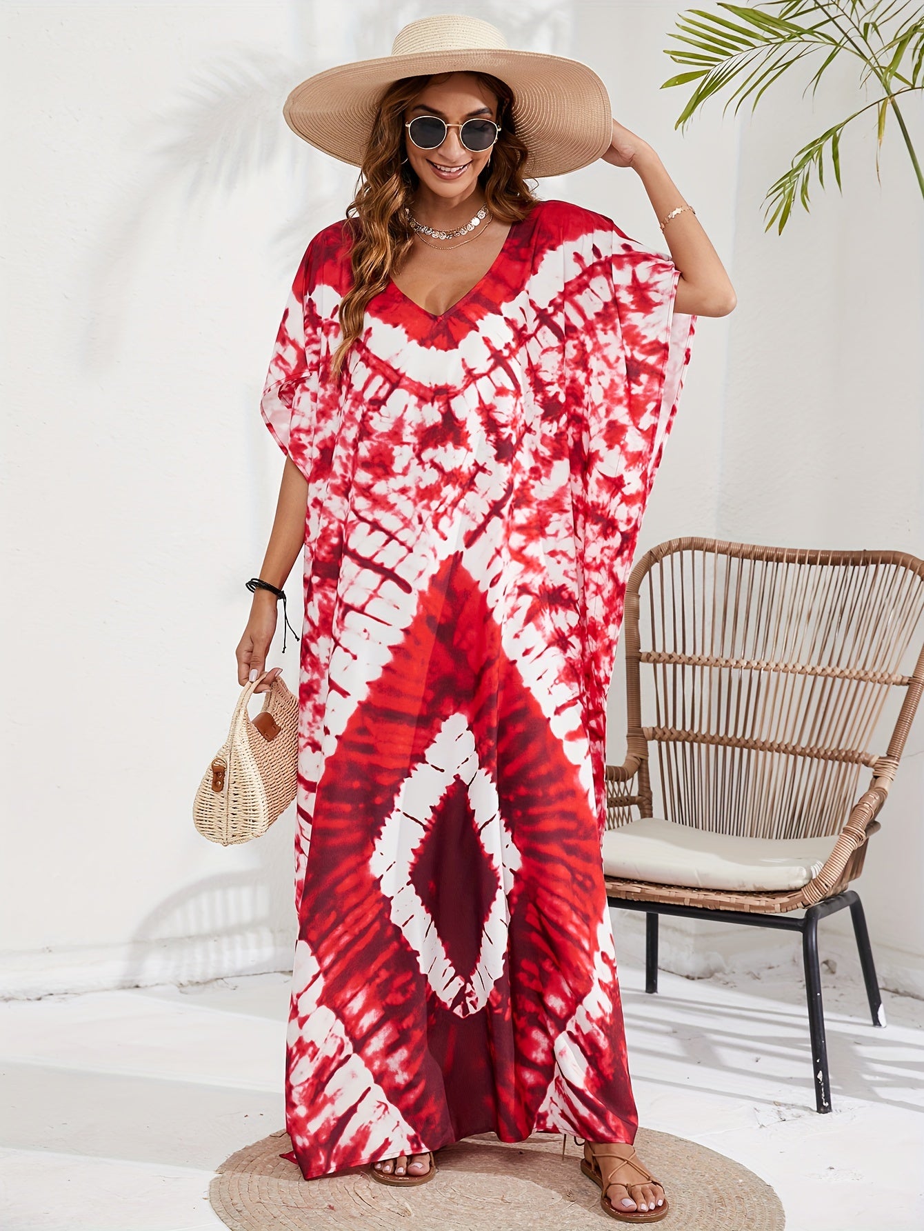 Boho Cover Up Women's Tie Dye & Geo Print Kaftan Beach Cover Up Dress