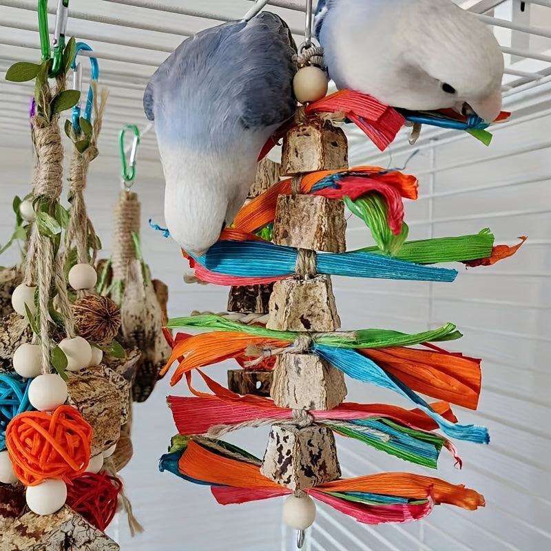 Colorful Wooden Hanging Bird Chew Toys Rattan Ball Wood Beads
