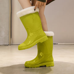 Women's Fleece Lined Rain Boots Waterproof Mid Calf Rubber Shoes