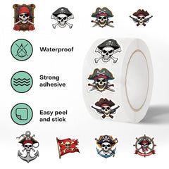 500 Pirate Stickers Roll Waterproof Vinyl Fun Skeleton Designs Party Favors