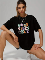 Smiling Face & Cartoon Flower & Letter Print T shirts Short Sleeve O neck