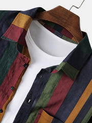 Men's Casual Cotton Linen Striped Shirts, Long Sleeves, Beach Holiday