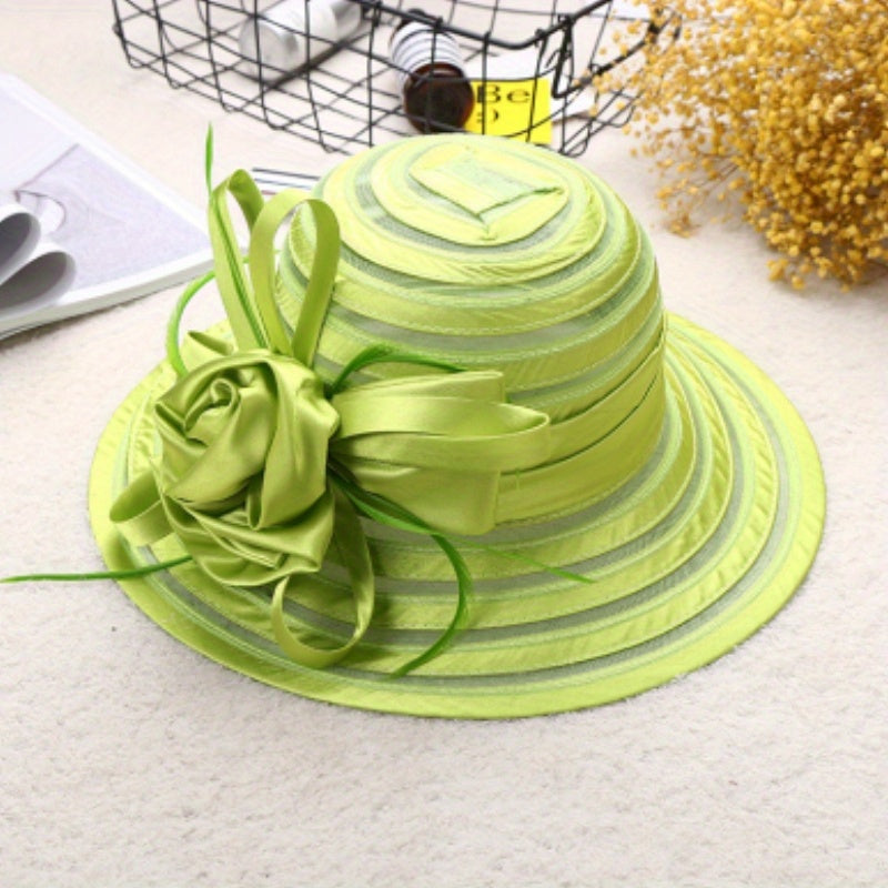 Mesh Breathable Organza Sun Hat Wide Brim Flower Decor UV Protection Bucket Hat