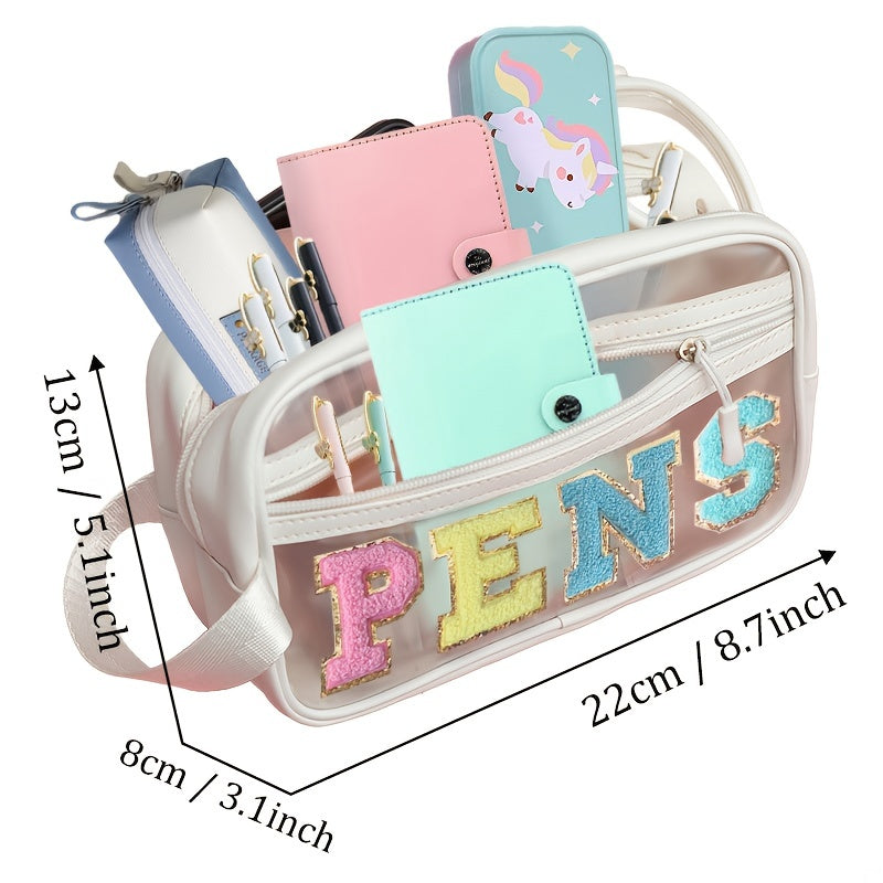 Preppy Chenille Letter Patch Clear Makeup Bag for Travel School Office