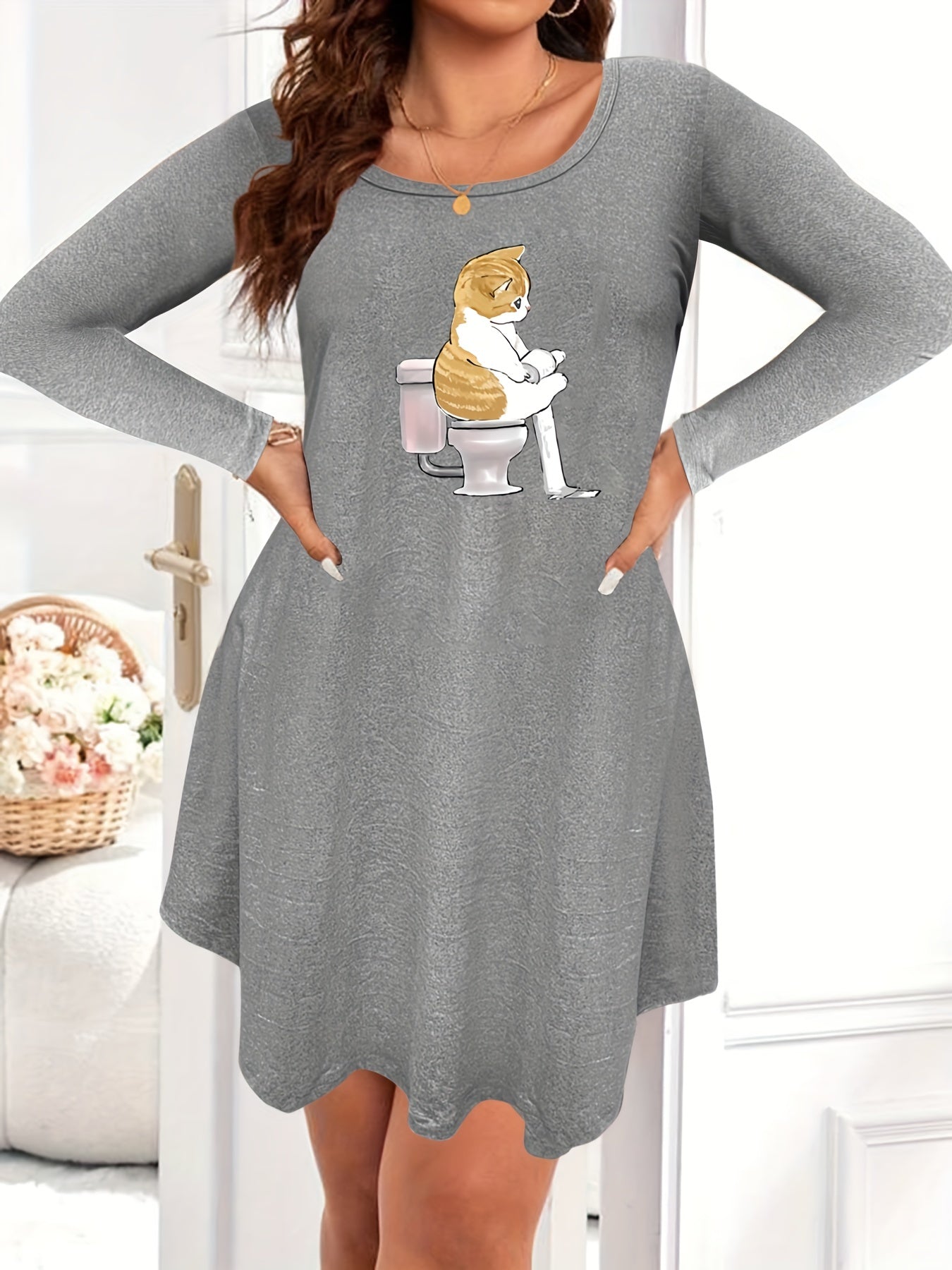 Cat Print Long Sleeve Nightdress Round Neck High Stretch Sleep Dress