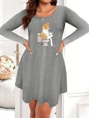 Cat Print Long Sleeve Nightdress Round Neck High Stretch Sleep Dress