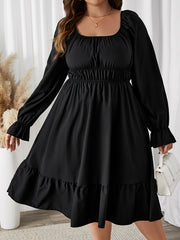 Solid Flounce Sleeve Round Neck Ruffle Trim Dress