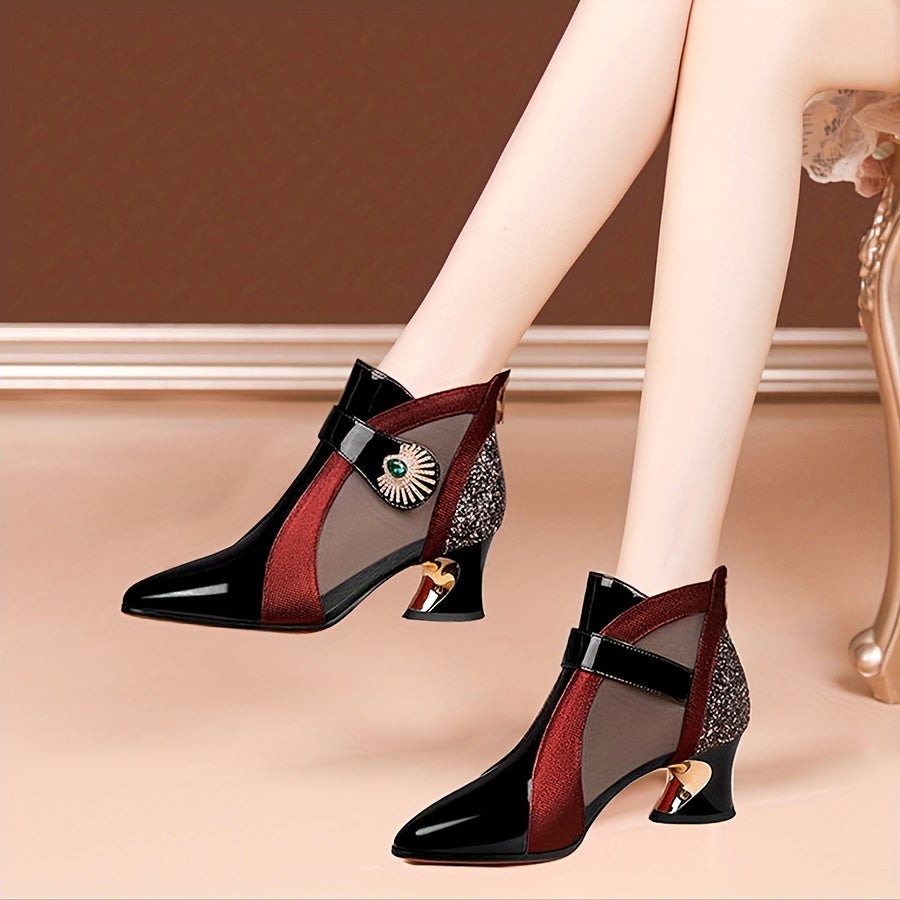 Rhinestone Chunky Heel Mesh Short Boots Pointed Toe Pumps