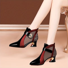 Rhinestone Chunky Heel Mesh Short Boots Pointed Toe Pumps
