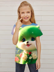 Adorable Kitty Graphic Crew Neck Short Sleeve T shirt Girls Casual Pullover Tops