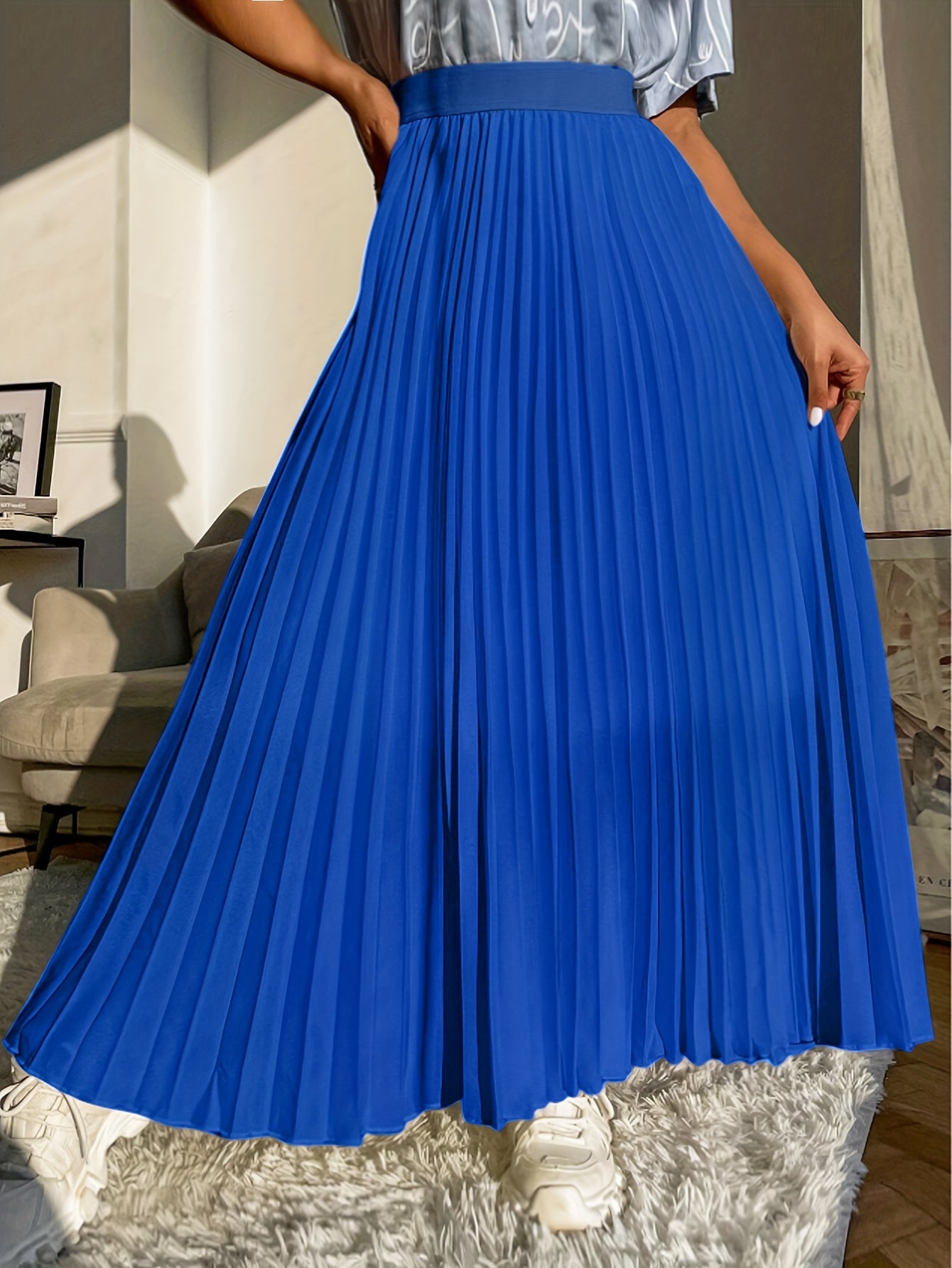 Solid High Waist Pleated Skirt Elastic Waist Spring Summer Women's Clothing