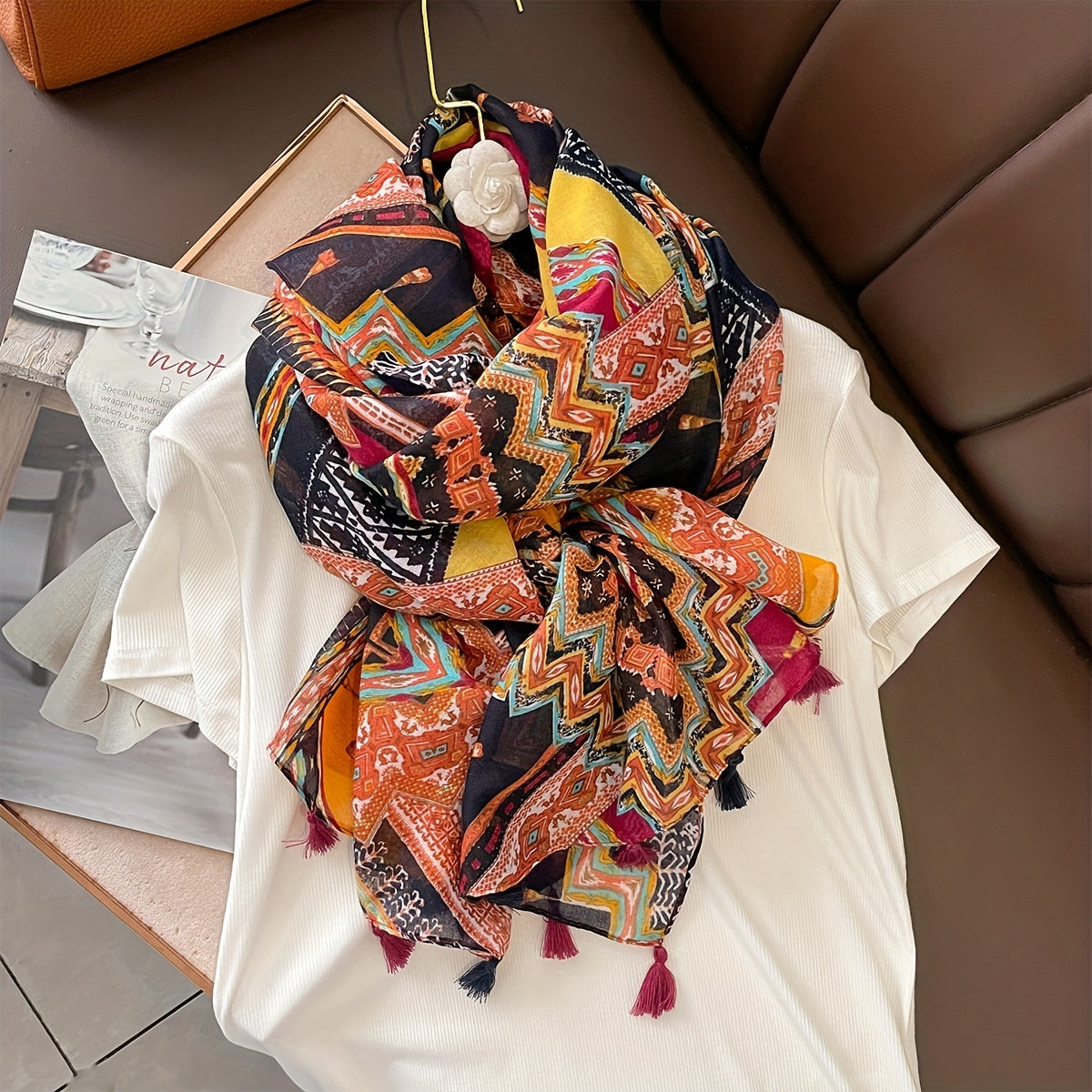 Floral Printed Boho Scarf Lightweight Fringed Shawl for Women