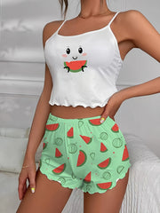 Cartoon Print Pajama Set - Crew Neck Cami Top & Shorts