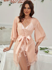 Lace Stitching Mesh Night Robe V Neck Half Sleeve Robe