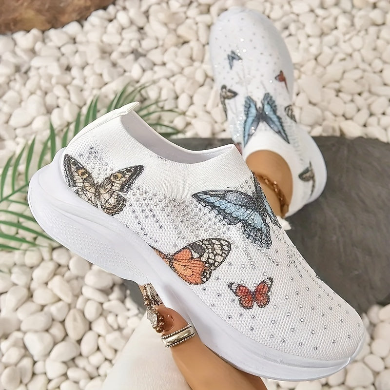 Women's Rhinestone Butterfly Print Running Sport Shoes Colorful Slip On Shoes