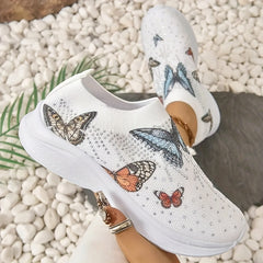 Women's Rhinestone Butterfly Print Running Sport Shoes Colorful Slip On Shoes