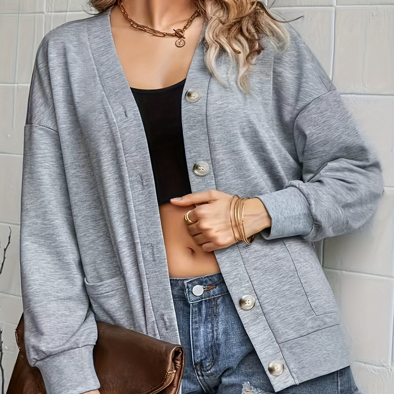 Solid Long Sleeve Button Up Stretch Cardigan With Pockets