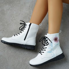 Women's Flower Embroidery Mid Calf Boots Low Heel Outdoor Boots