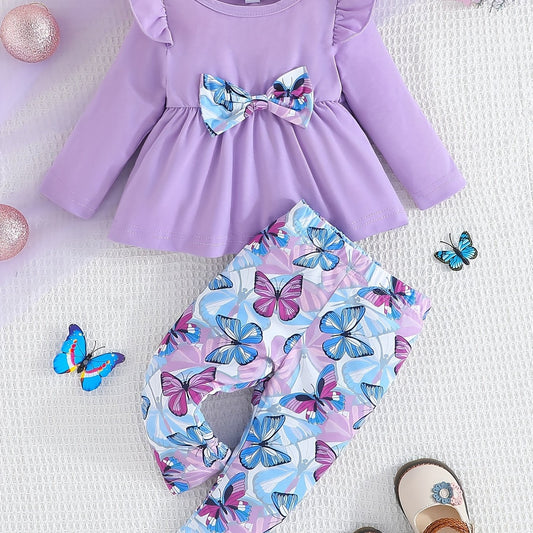 Baby Girls Bow Romper Butterfly Print Pants 2pcs Set