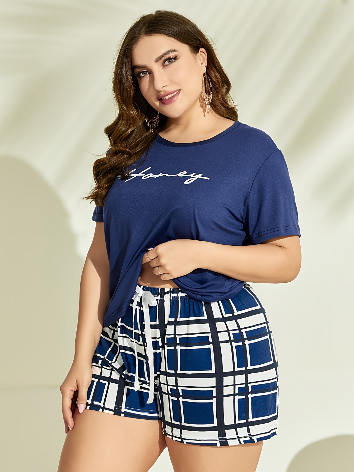 Lounge Set Women's Short Sleeve Tee & Plaid Shorts Pajama