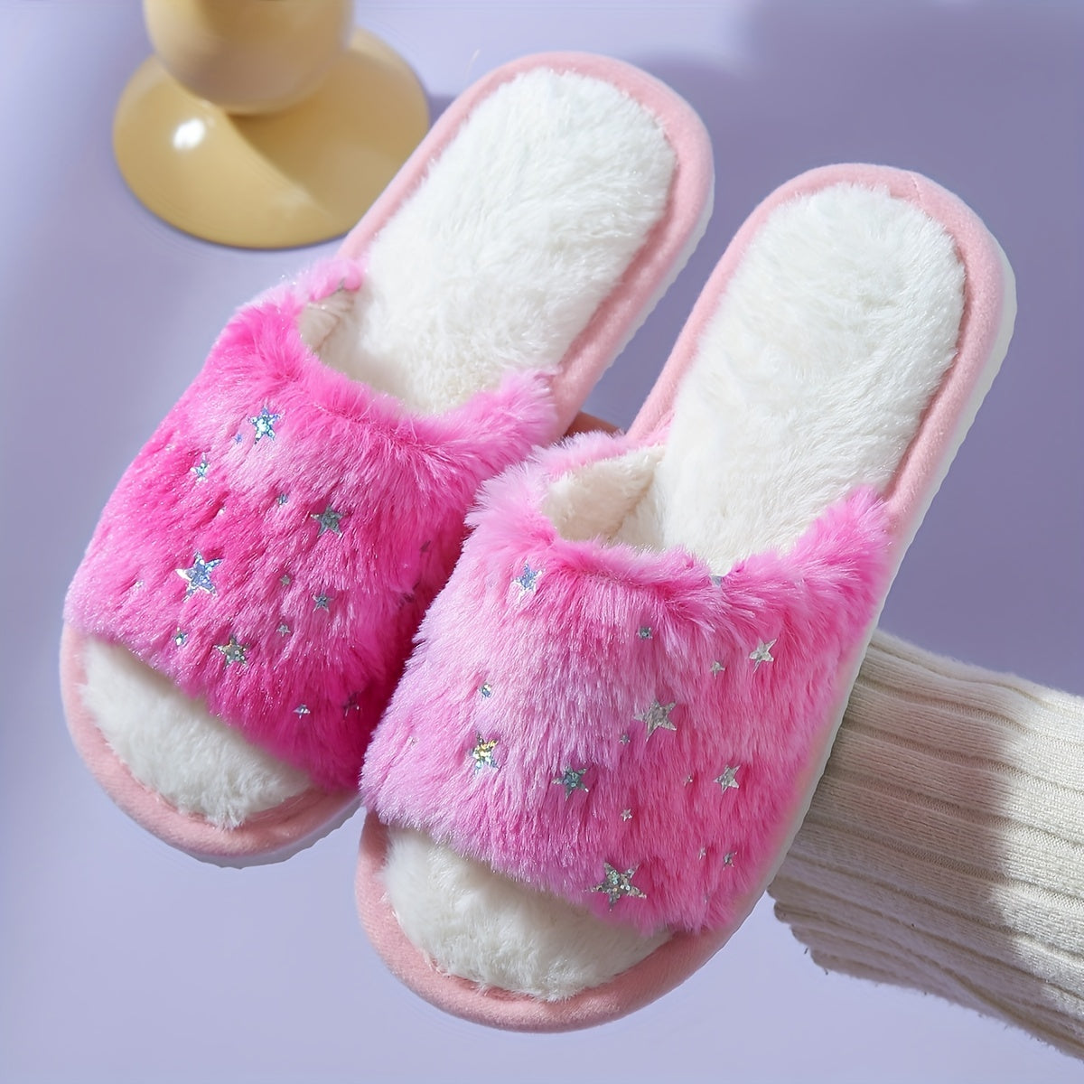Women's Bling Star Fluffy Slippers Cozy & Warm Open Toe Indoor Shoes