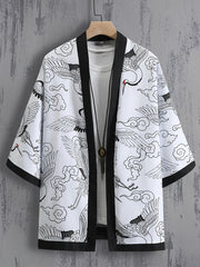 Men's Paisley & Japanese Letter Print Kimono Style Shirt
