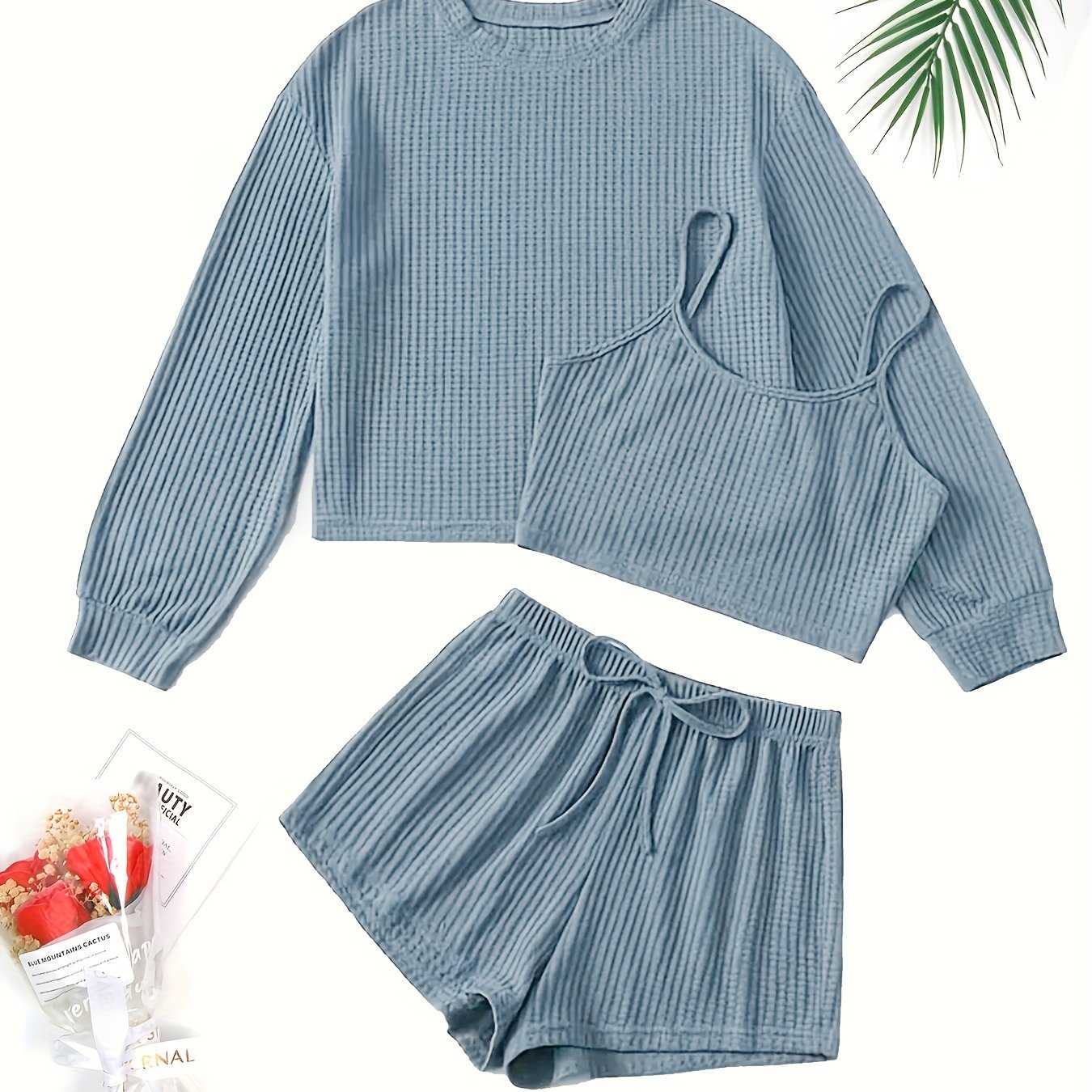 Waffle Solid Lounge Set Cami Top & Long Sleeve Crew Neck Top & Lace Up Shorts