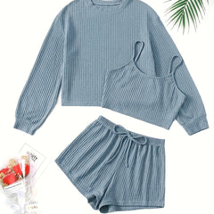 Waffle Solid Lounge Set Cami Top & Long Sleeve Crew Neck Top & Lace Up Shorts
